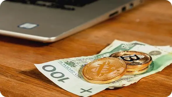 Banknot i monety kryptowalut jako symbol zysków oraz inwestycji z platformą Immediate Profit
