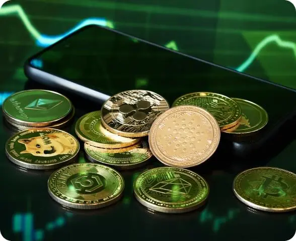 Monety kryptowalut na smartfonie jako symbol inwestowania na platformie Immediate Profit